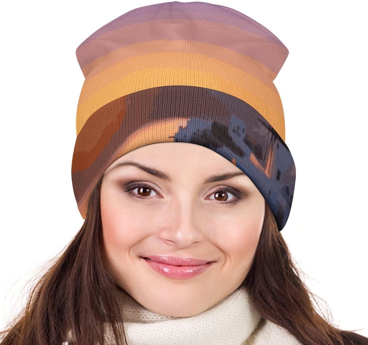 Wide Brim Beanie Hat, Greece Island Sunset Landscape Printed Beanie Hat,Women Soft Stretch Ski Hat,Universal Knitted Hat