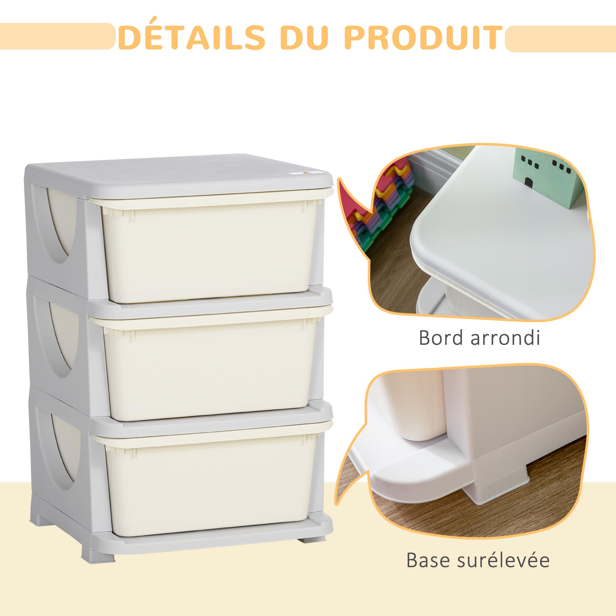 HOMCOM Tour de Rangement en Plastique pour Enfants avec 3 tiroirs, boîtes de Rangement, tiroirs Rangement Jouet pour Chambre d'enfant, crèche, Salon, pour garçons et Filles 3-6 Ans, crème
