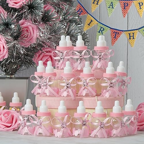 Miniatura 8 de MACTING Biberón para recuerdos de baby shower, 4docenas de mini botellas de caramelo con 10 flores artificiales para niños y niñas, decoración de