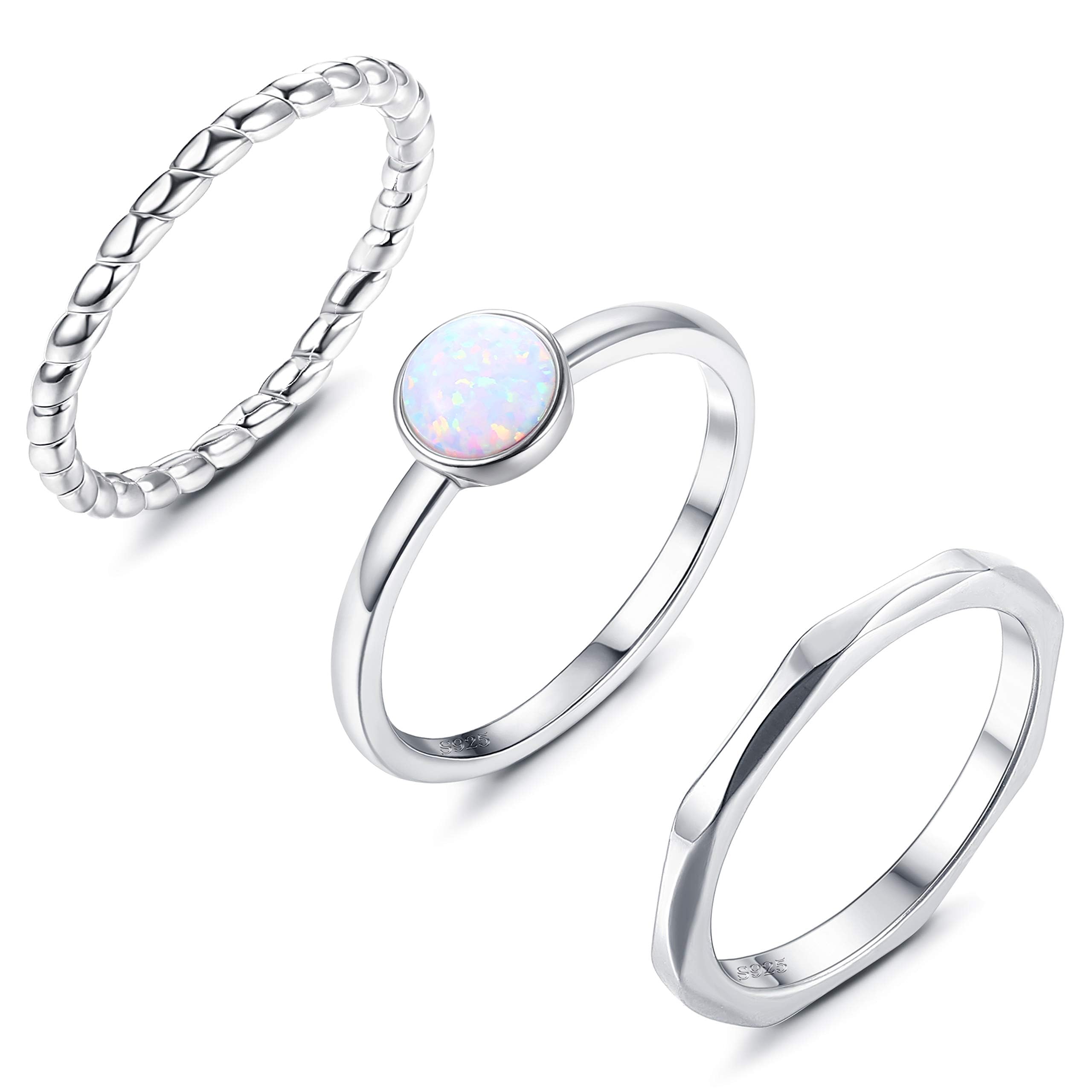 MILACOLATO3Pcs 925 Sterling Silver Rings for Women Men 18K White Gold Plated Thumb Pinky Knuckle Stackable Rings High Polished Hammered Twisted Opal Band Rings Set Comfort Fit Size 5 to 9Recycled Claim Standard 100