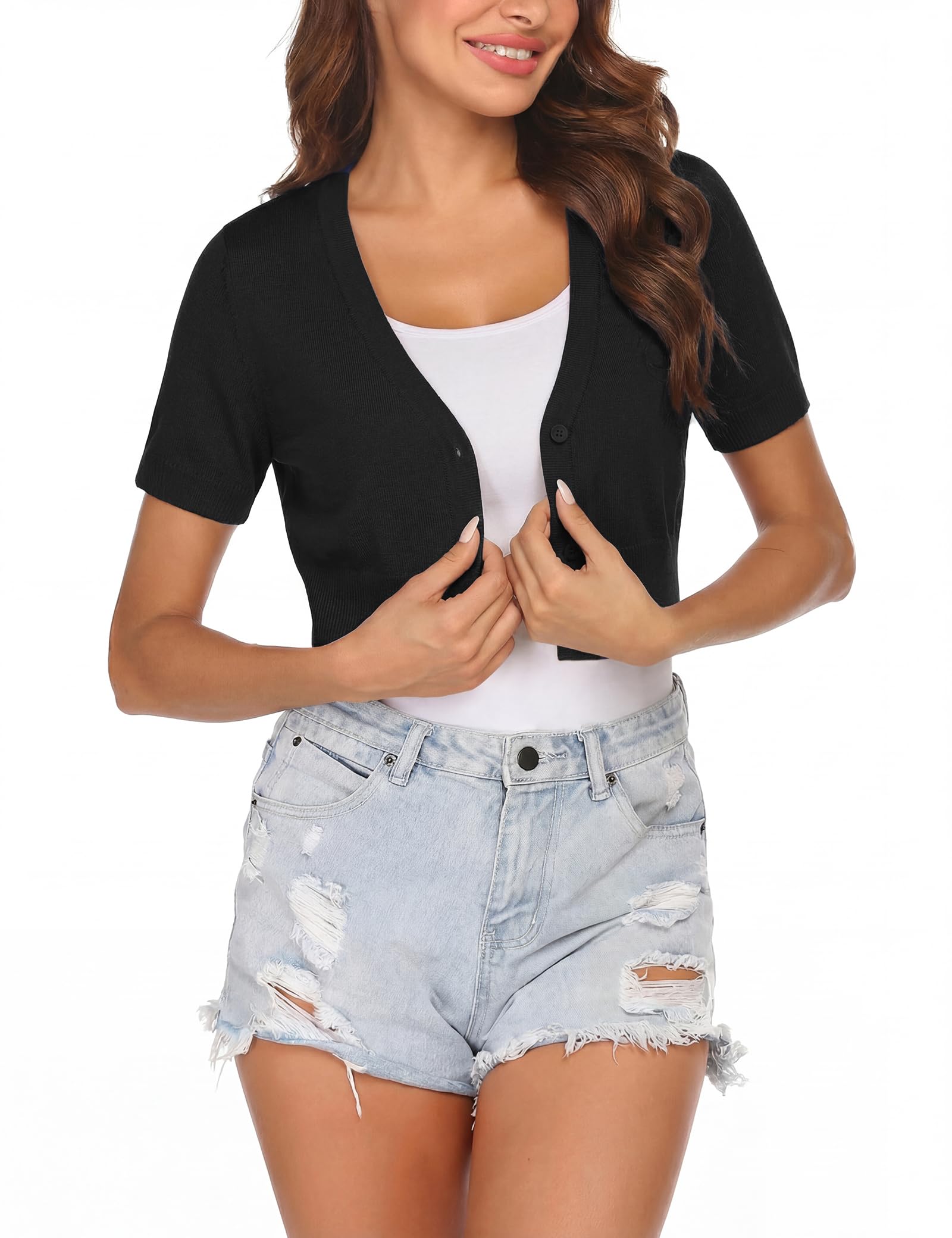 Totatuit Bolero Damen Sommer Kurzarm Festlich Kurz Strickjacke Elegant | Weich Strick V Ausschnitt Open Front Leicht Elegant Casual Shrug