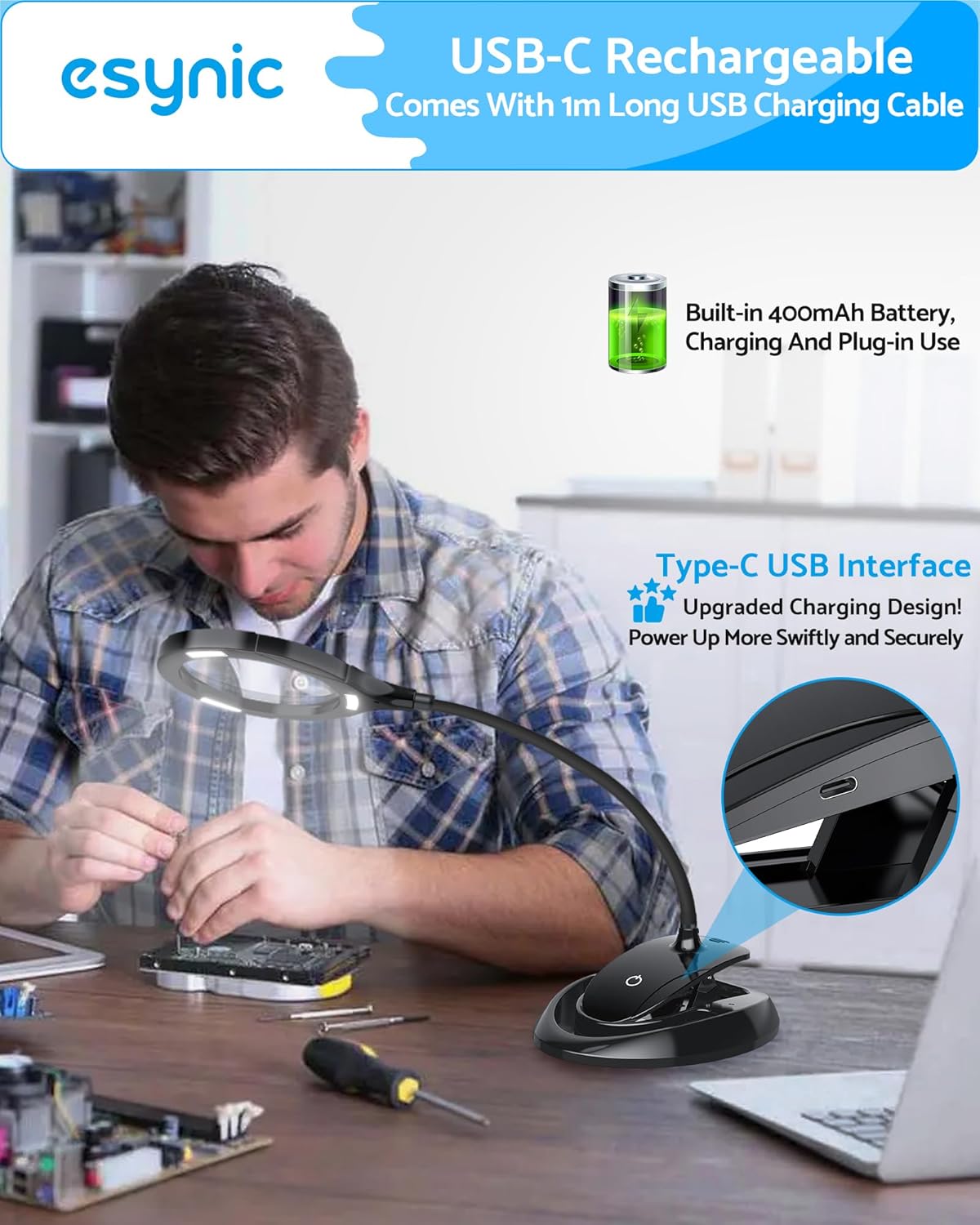 eSynic Magnifying Lamp with Light - 5X & 10X 110mm Large Lens with 15 LED Lights- USB-C Rechargeable & Flexible Gooseneck, Clamp&Base Dual Mount for Reading/Crafts/Repair [Acrylic Lens] - Image 4