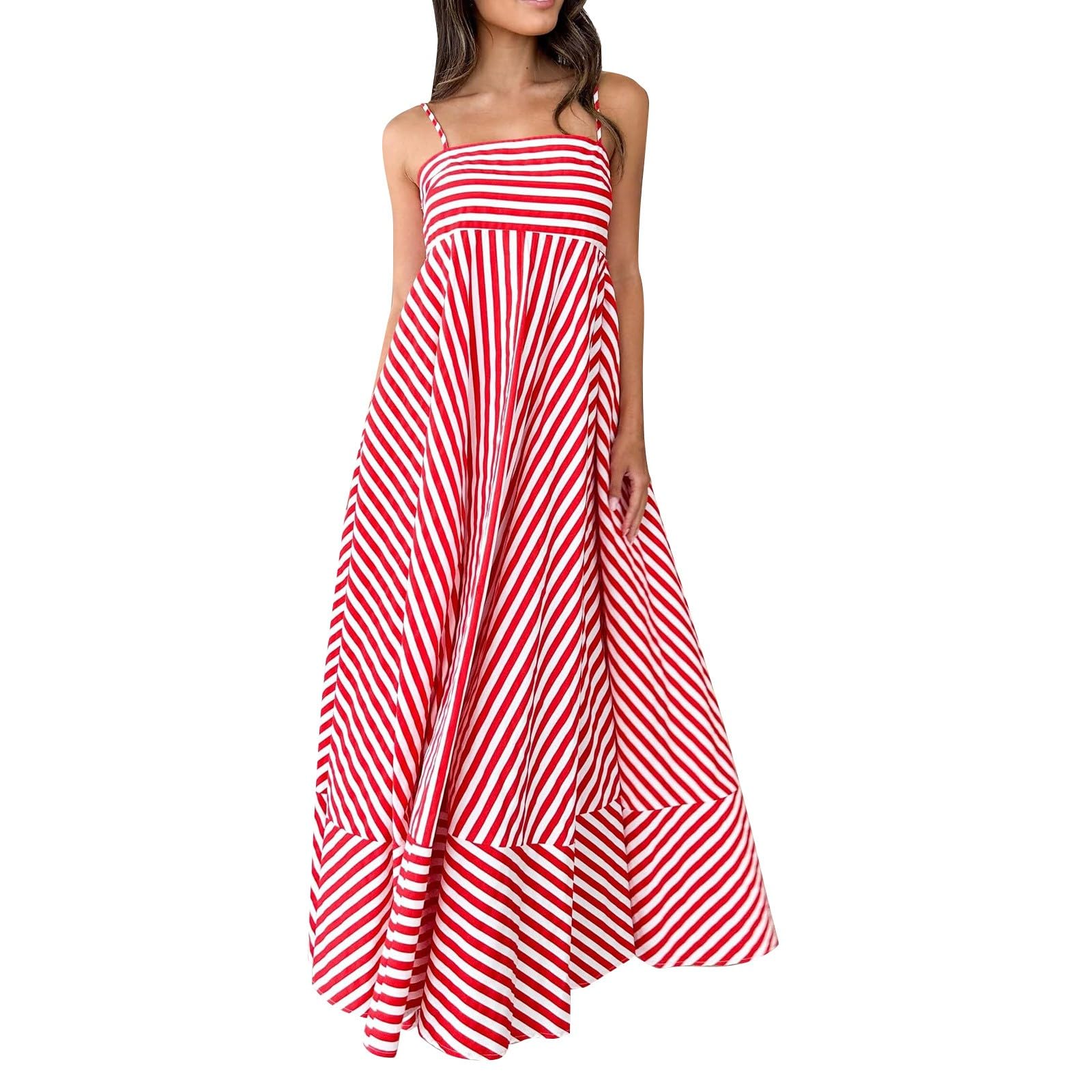 Robe de plage longue à rayures pour femme - Robe maxi simple et légère | Robe de loisirs à bretelles spaghetti, sans manches, à rayures verticales, robe de maison, robe à bretelles dénudées