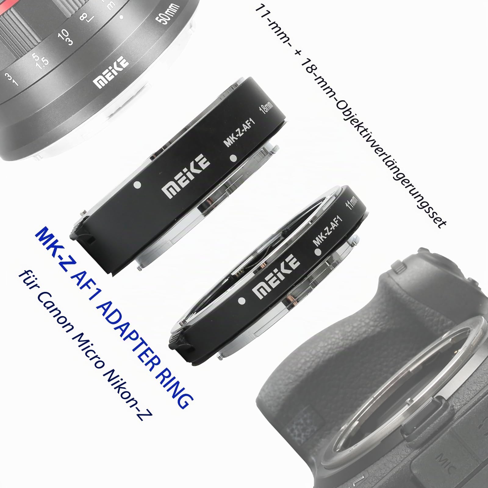 Meike MK-Z-AF1 Metall-Autofokus-Makro-Erweiterungsringadapter (11 mm + 18 mm) für Nikon-Z5-, Z6-, Z7- und Z50-Kameras