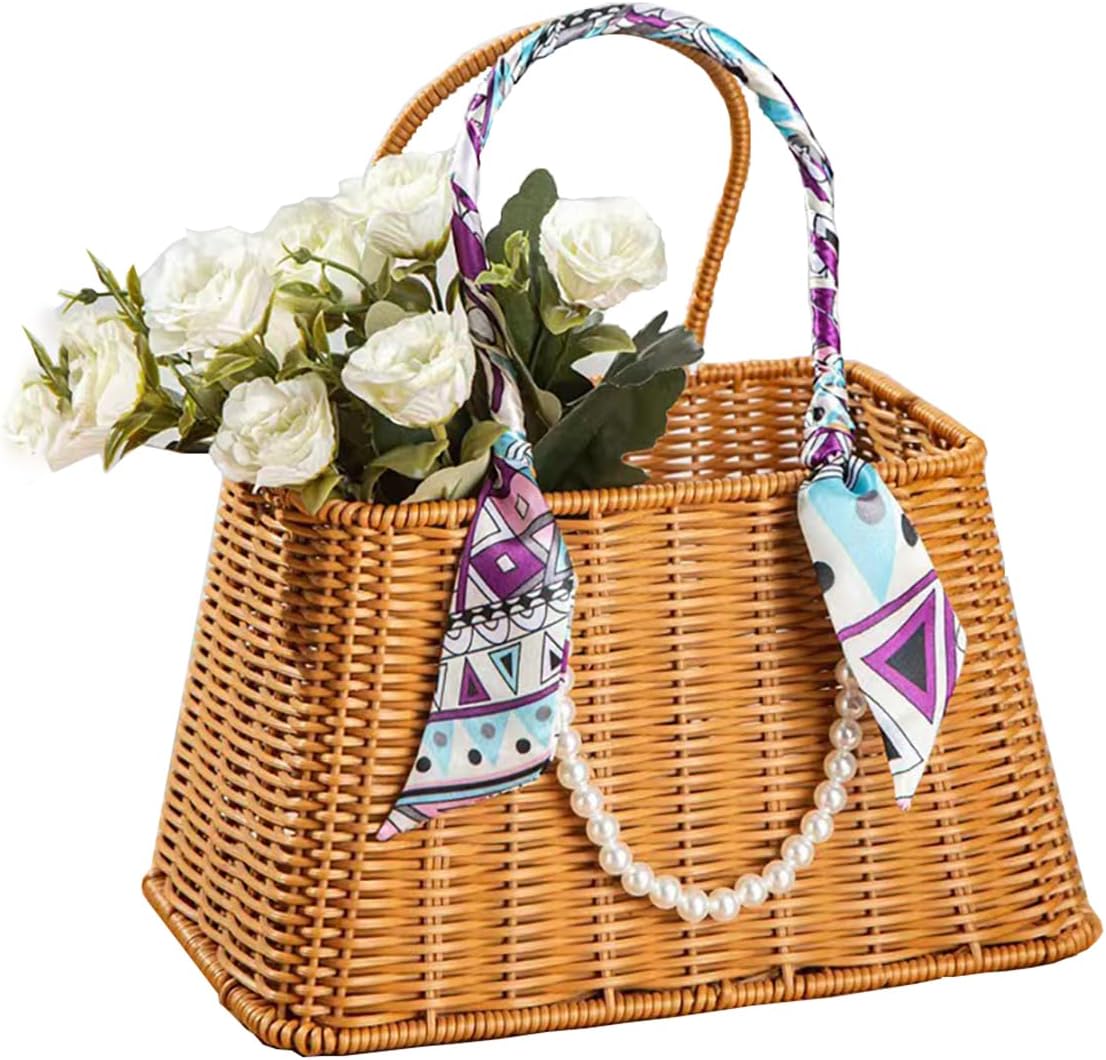 RT&BS Handwoven Wicker Handbag, Women Straw Tote for Beach, Wicker Beach Bag with Handle, Home Decoration Flower Basket