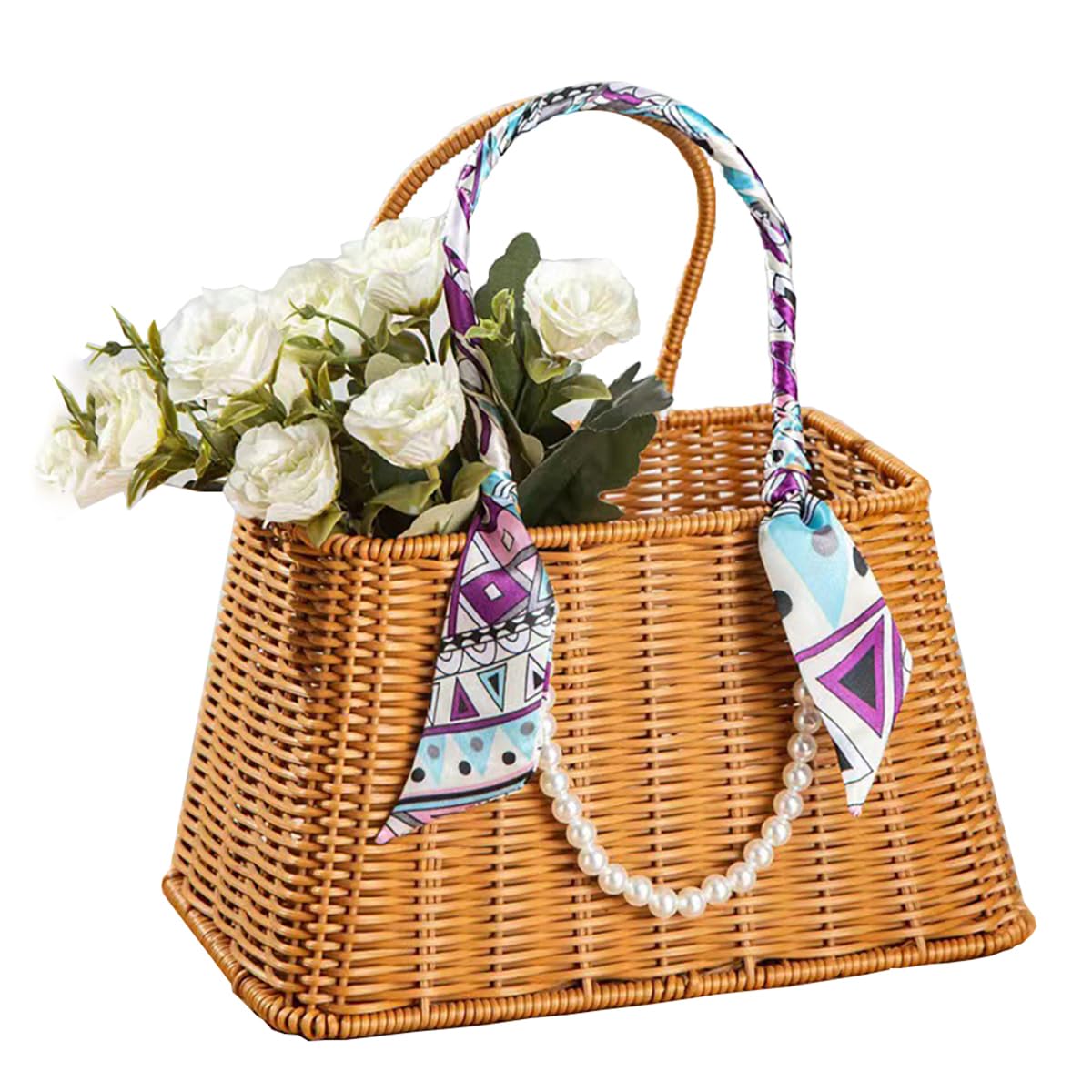 RT&BS Rattan-Stil gewebter Korb - Eleganter handgewebter Blumenkorb, Osterkörbe mit Griff, Geschenkkörbe für Heimdekoration, Hochzeit, Picknick, Party (Schal & Perlendekoration)