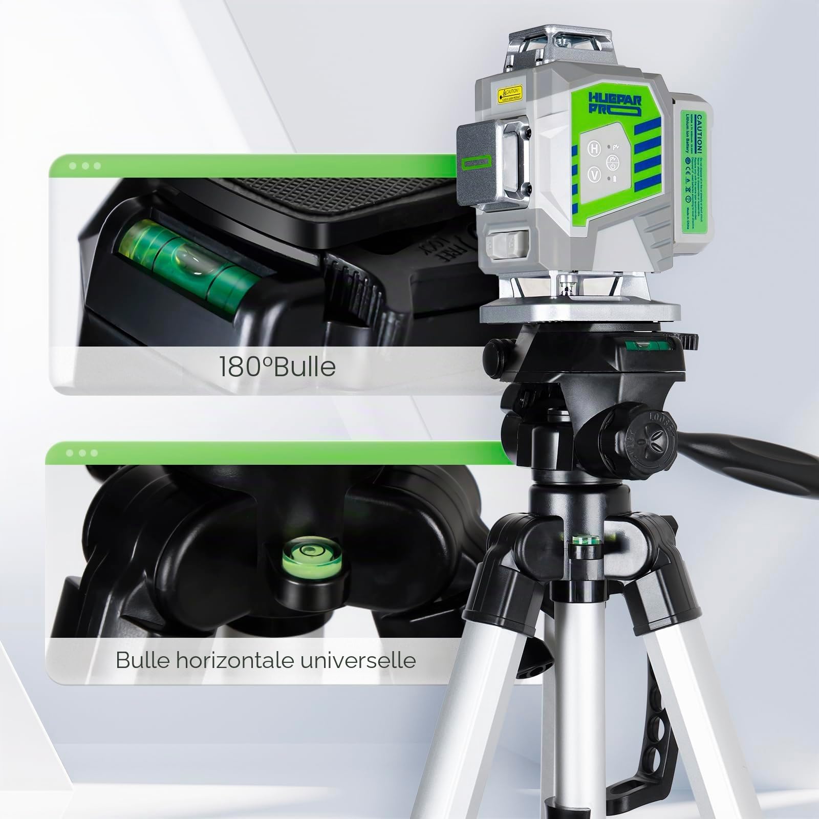 Huepar Pro Trépied de niveau laser (Hauteur: 83-230cm, Filetage: 1/4" et adaptateur écrou 5/8") avec tête pivotante à 3 voies, poignée portable, niveau à bulle, plaque de dégagement rapide-TP230