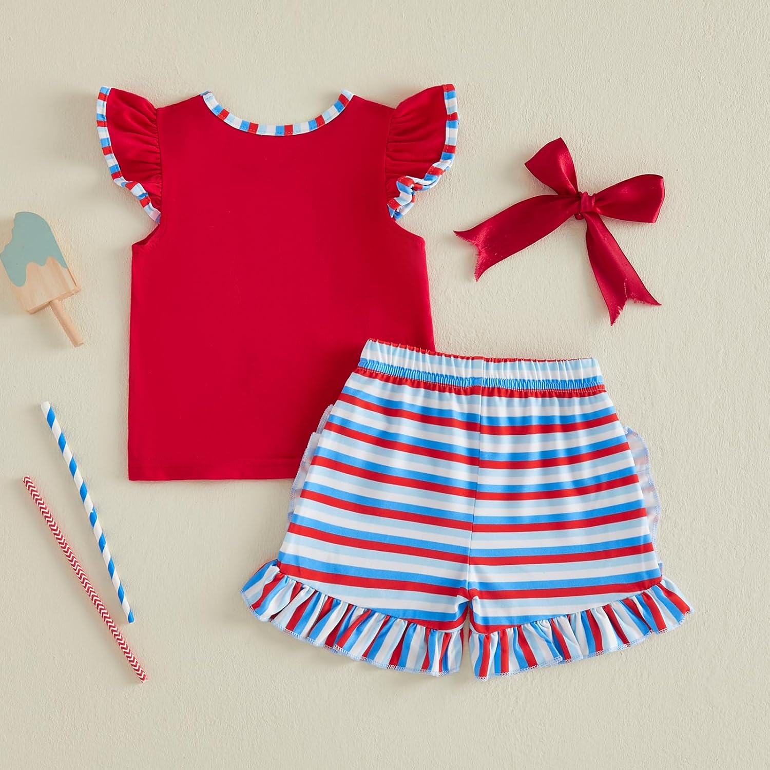 Kavousa Toddler Baby Girl 4th of July Outfits Flag Bow Embroidery Tops Plaid/Striped Ruffled Shorts Fourth of July Clothes