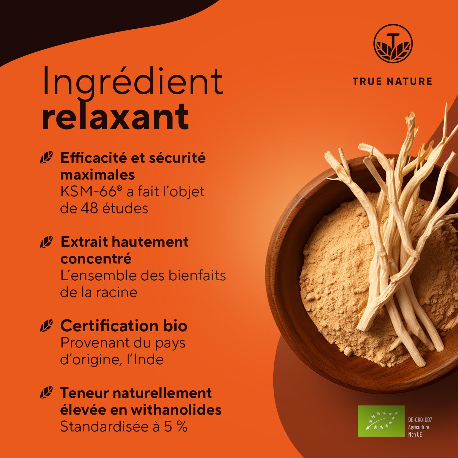 KSM-66 | Ashwagandha bio | Principe actif breveté – 210 gélules, rendement supérieur à la moyenne – 600 mg, au moins 5% de withanolides – Ayurveda – Sans lactose ni gluten – TRUE NATURE