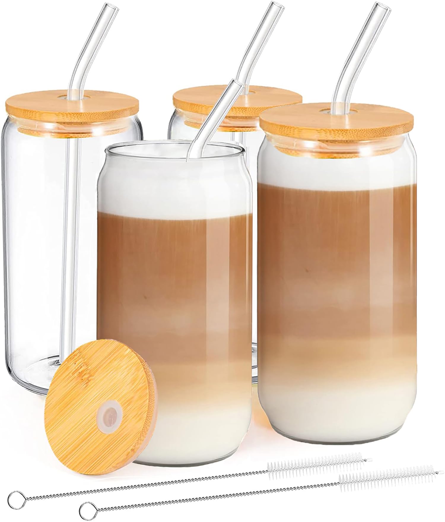 MEIMUCUL Trinkgläser mit Deckel und Strohhalm,Cocktailgläser Eiskaffee Gläser 500ml,Iced Coffee Glas,Kaffee & Matcha Gläser,Glasbecher ideal für Smoothie,Latte,Macchiato,Whiskey,Geschenk (4Pack)