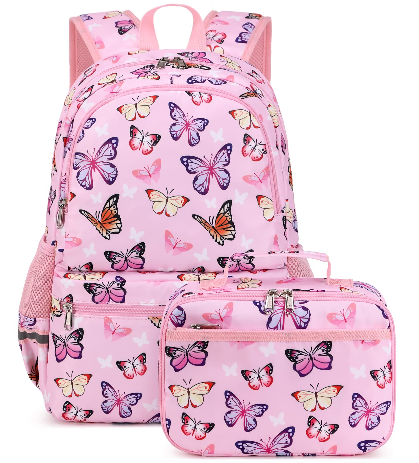 JIANYA Girls Backpack for School Elementary Kids Bookbag School Bag with Lunch Box, Butterfly Pink