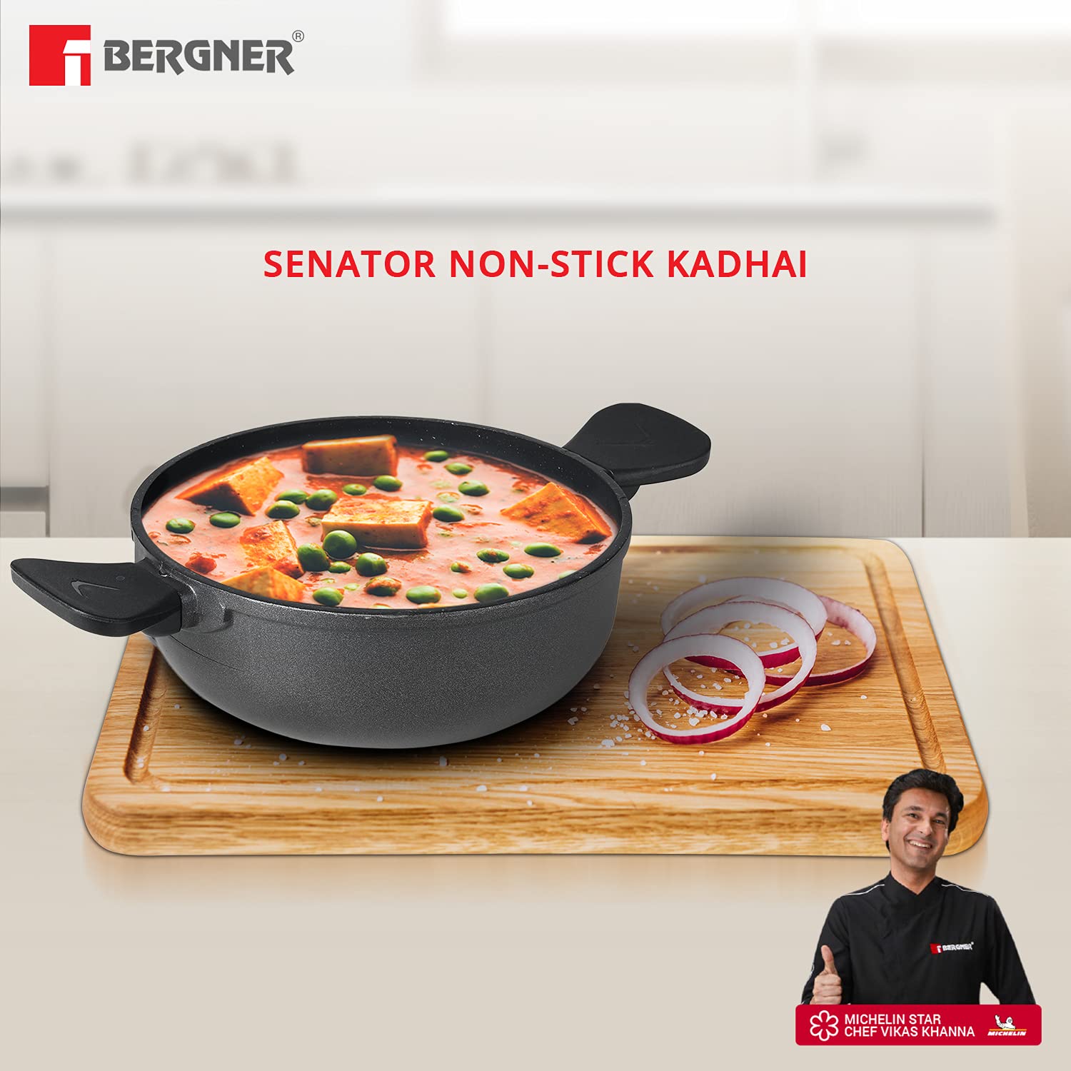 BERGNER Senator Diecast Aluminium Non-Stick Kadai with Glass Lid (Black, Diameter- 24cm, 4 L)