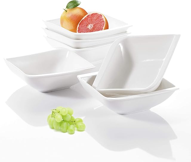 vancasso Porcelain Dinner Service Ivory White Cereal Bowl, 6 Piece Gitana 5.75 inch Square Salad Bowl Soup Bowl Dessert Bowl Set, Square Bottom Curve Square Edge Design. (14x14x5cm)