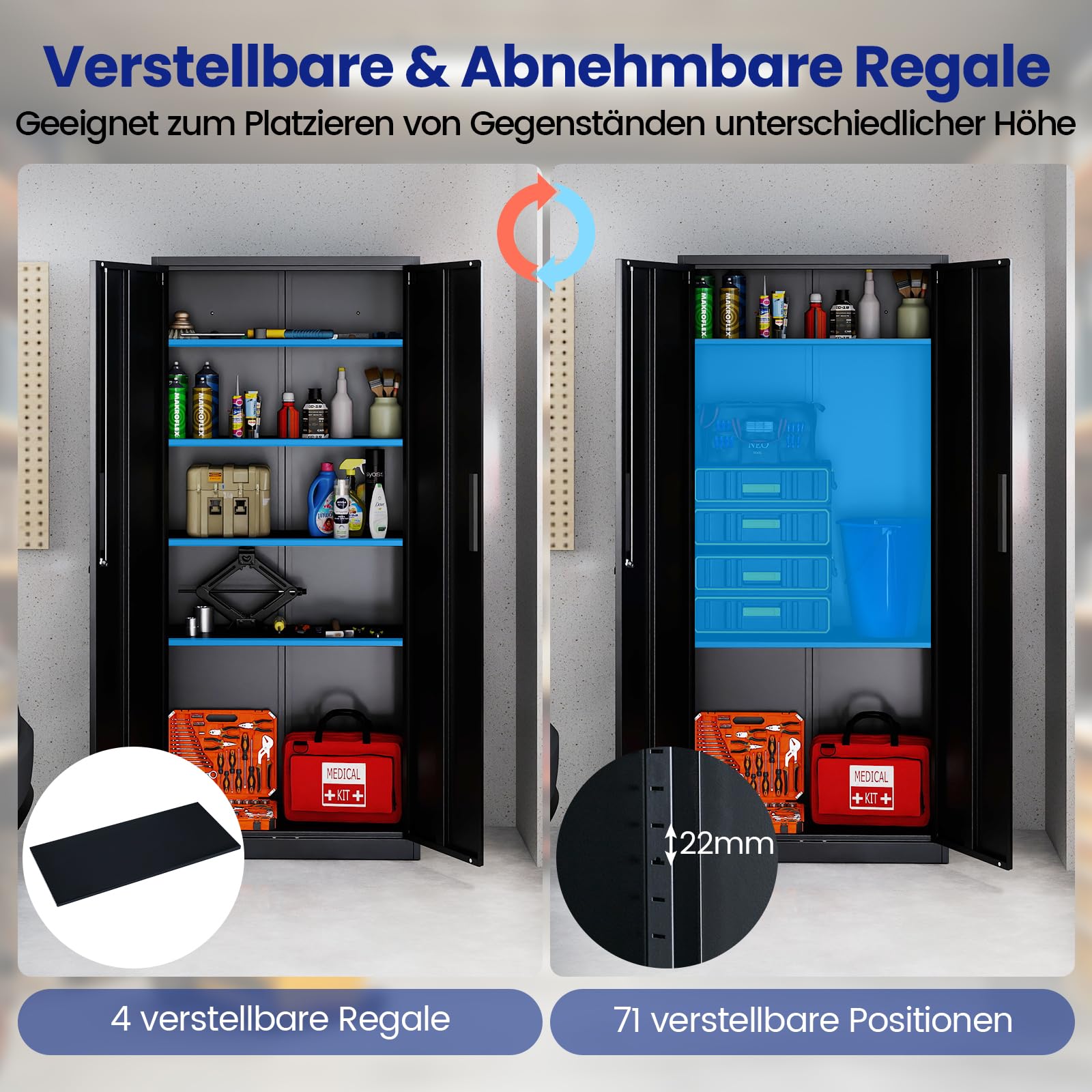 COSTWAY Aktenschrank abschließbar, 180 cm Metallschrank mit Doppeltür & 4 verstellbaren Regalen, Büroschrank Stahl, Mehrzweckschrank Werkstattschrank für Büro, Wohnzimmer, Garage, Schwarz