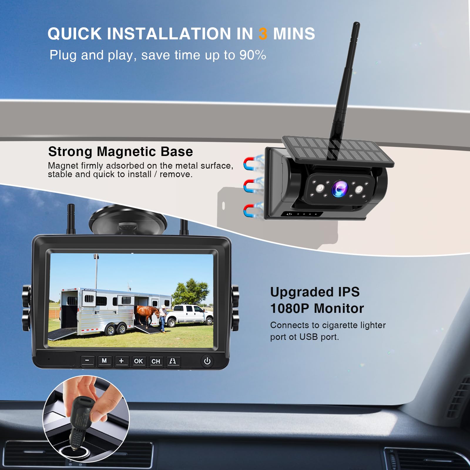 PARKVISION Kit Caméra de Recul sans Fil Solaire 1080P - Écran IPS 7" avec Batterie 9600mAh, Caméra Recul Magnétique - Vision Nocturne pour Camping-Car, Camion, Véhicule Utilitaire (2 Entrées Vidéo)