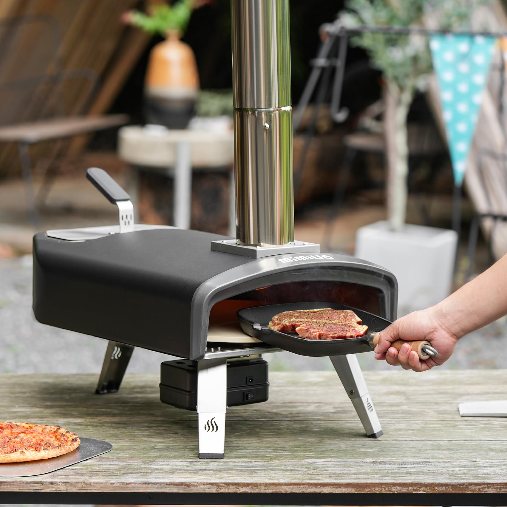 Mimiuo Four à Pizza Extérieur au Bois et Charbon de Bois avec Pierre à Pizza 33 cm