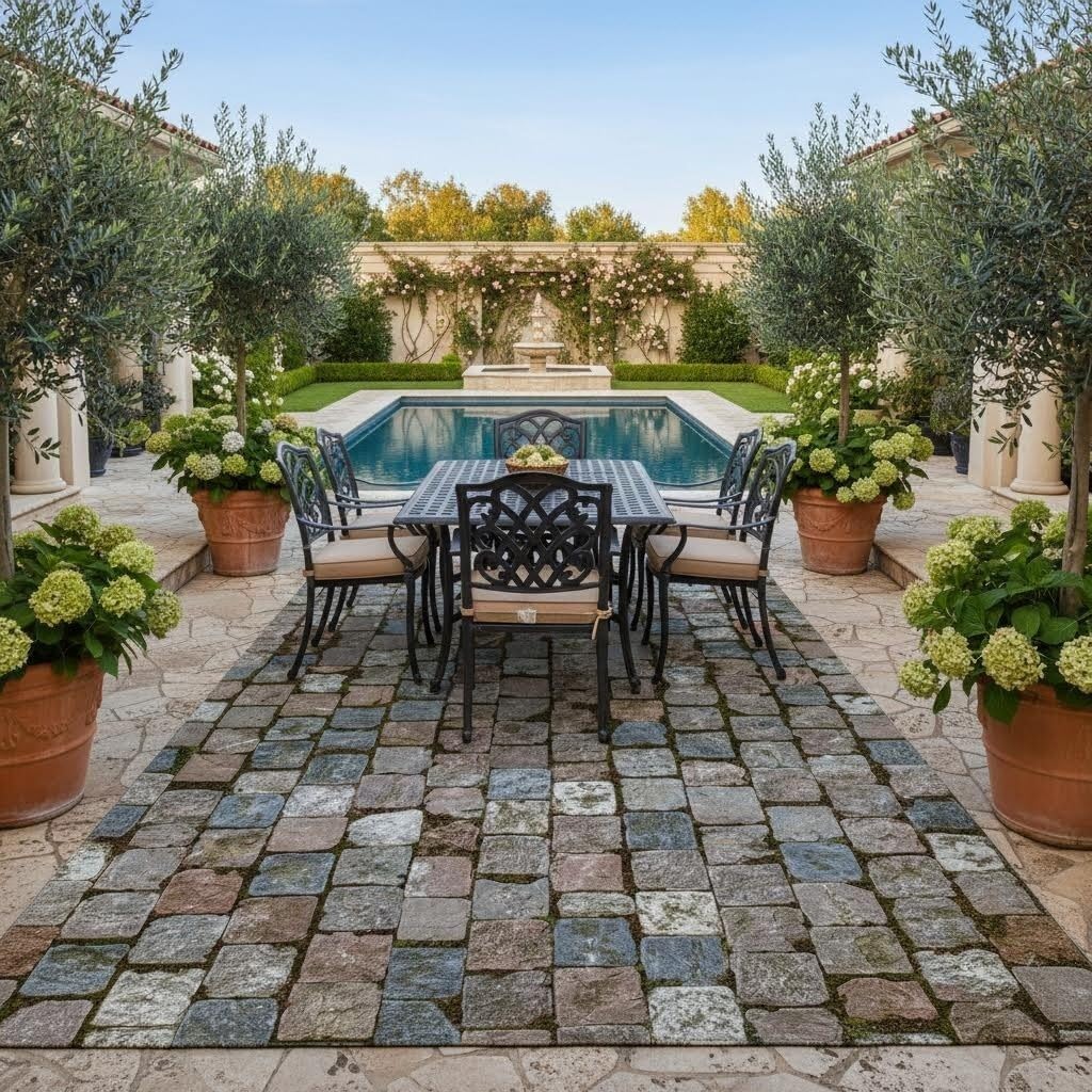 Grey Blue Brown Outdoor Rug 9x12 Modern Farmhouse Irregular Stone Print Waterproof Thin Low Pile Floor Mat for Balcony Deck Porch Patio Backyard Garden Camping Reversible Indoor Outside Carpet