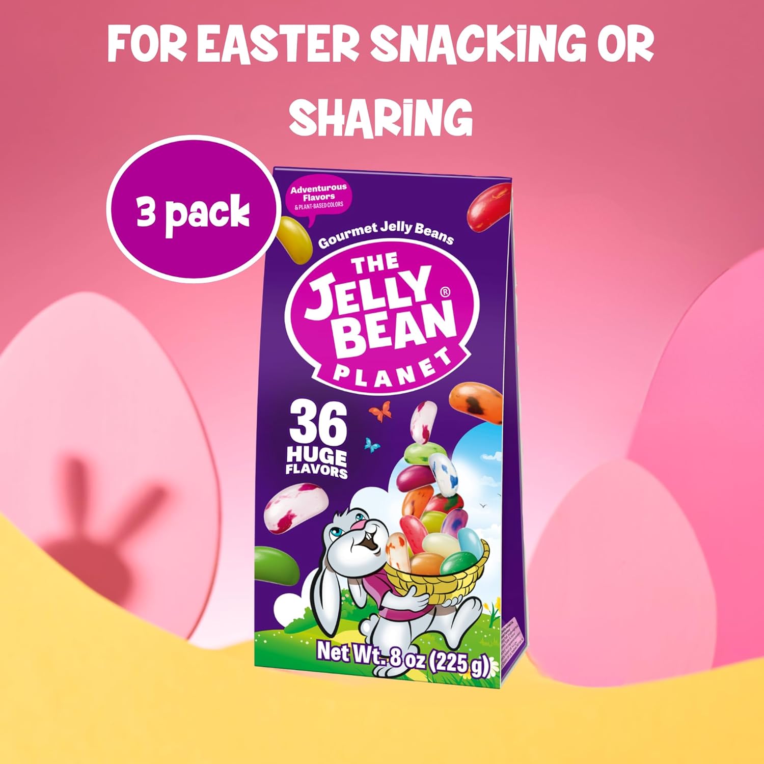 The Jelly Bean Planet Easter Jelly Beans, Pack of 3, 8 oz x 3 - Gourmet Jellybeans with 36 Natural Fruit Flavors, Gluten Free, Fun Easter Candy Gift in Bunny Design Boxes, Basket Stuffers & Gifting