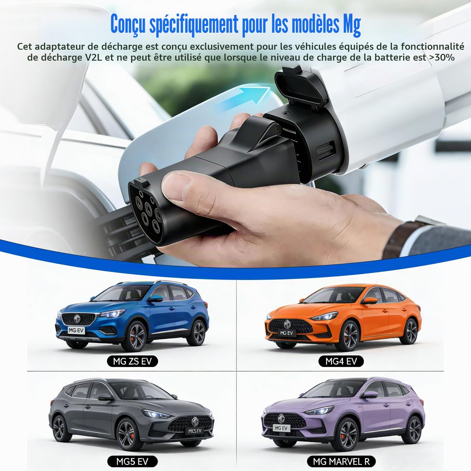 Adaptateur Type 2 vers Schuko, 3,5 KW 16A 220V Adaptateur de Station de Recharge Type 2 avec Lumière, Adaptateur V2L pour MG EV, Adaptateur de Recharge Compatible avec MG4, MG5, MG ZS, MG Marvel R
