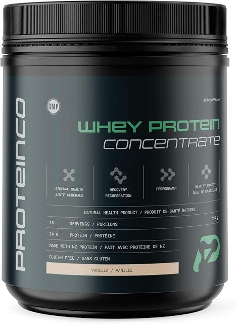 ProteinCo | Pure Concentré de protéines de lactosérum fabriqué avec la Nouvelle-Zélande 24 g de protéines (454 G, Vanille)