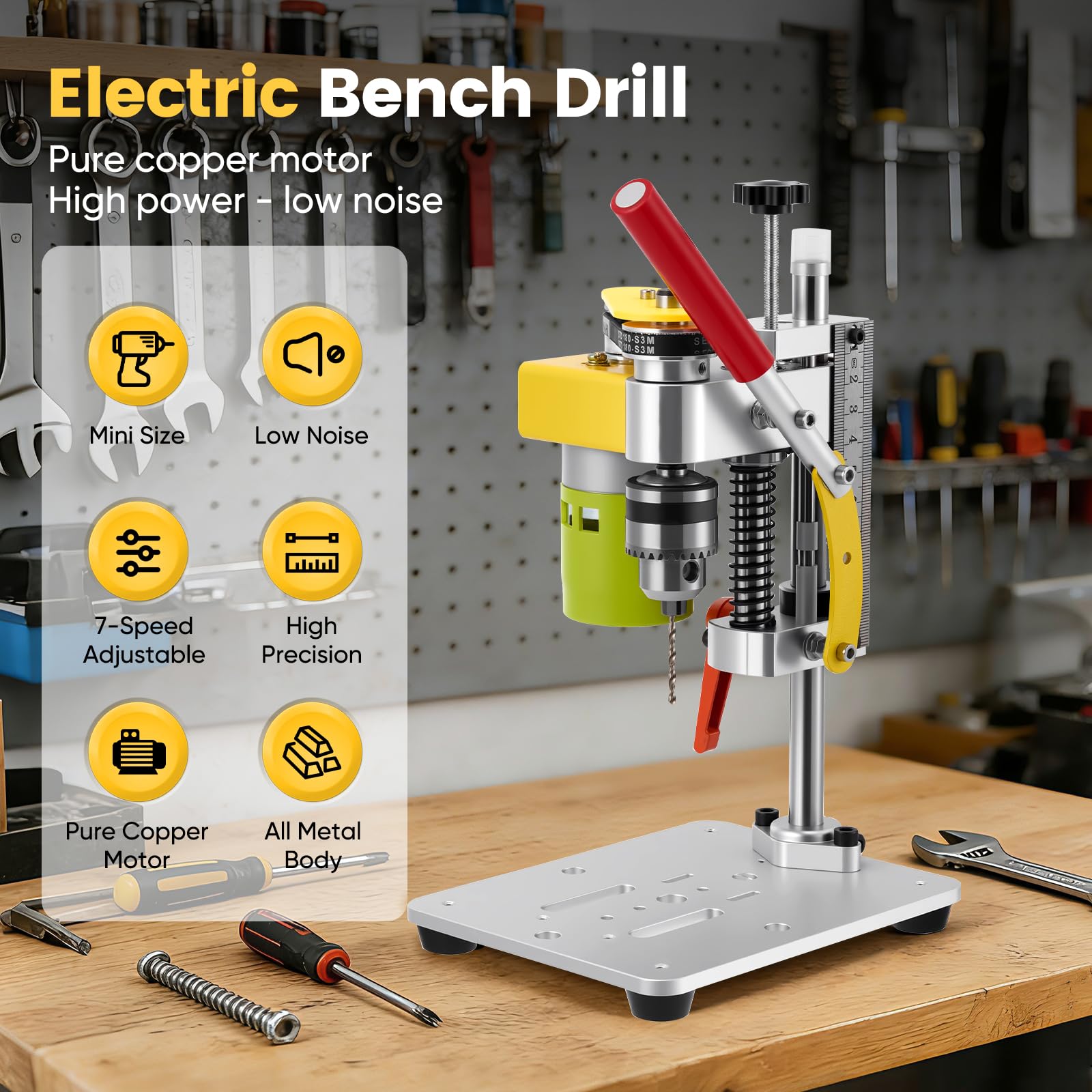 Standbohrmaschine, 4500-9000Rpm Miniatur Tischbohrmaschine mit 7 Geschwindigkeiten, Mini Tischbohrmaschine für DIY Holz, Metall und Kunststoff Electric Drill Press