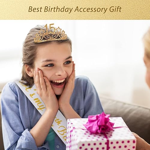 Miniatura 5 de Banda y tiara de cumpleaños número 15 para niñas, fabuloso juego banda con purpurina + estrellas con diamantes de imitación de tiara de metal dorado
