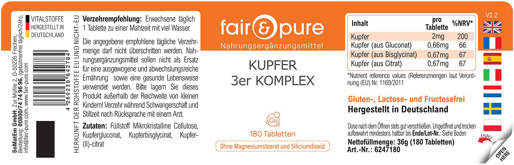 Fair & Pure Complesso di rame a 3 componenti, 180 compresse, 2 mg per compressa, facili da deglutire, integratore alimentare vegano senza additivi, prodotto in Germania