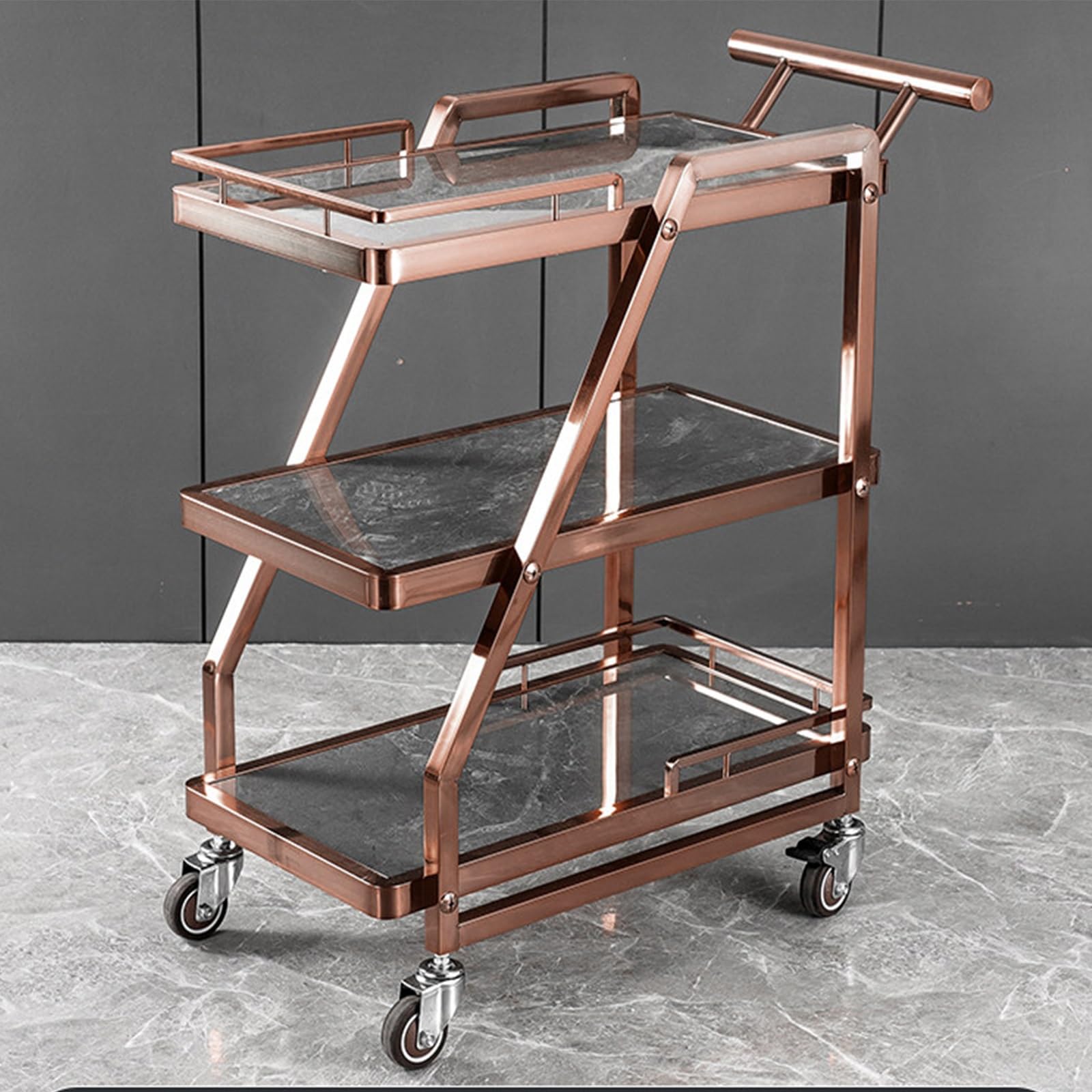 3 Tier Stainless Steel Rolling Serving Cart, Rock Panel Utility Trolley for Restaurant KTV Hotel Food Snack Drinks Transport(H)