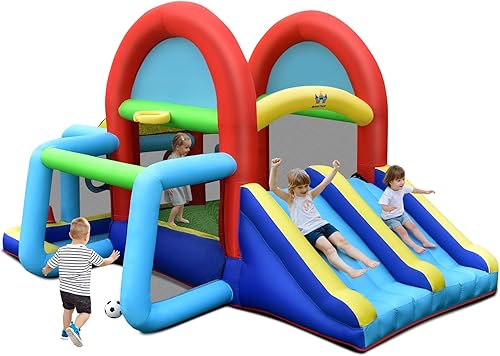 Miniatura 10 de HONEY JOY Casa inflable de rebote con soplador de 735 W, casa inflable de salto 7 en 1 para niños con tobogán, pared de escalada, pozo de bolas de