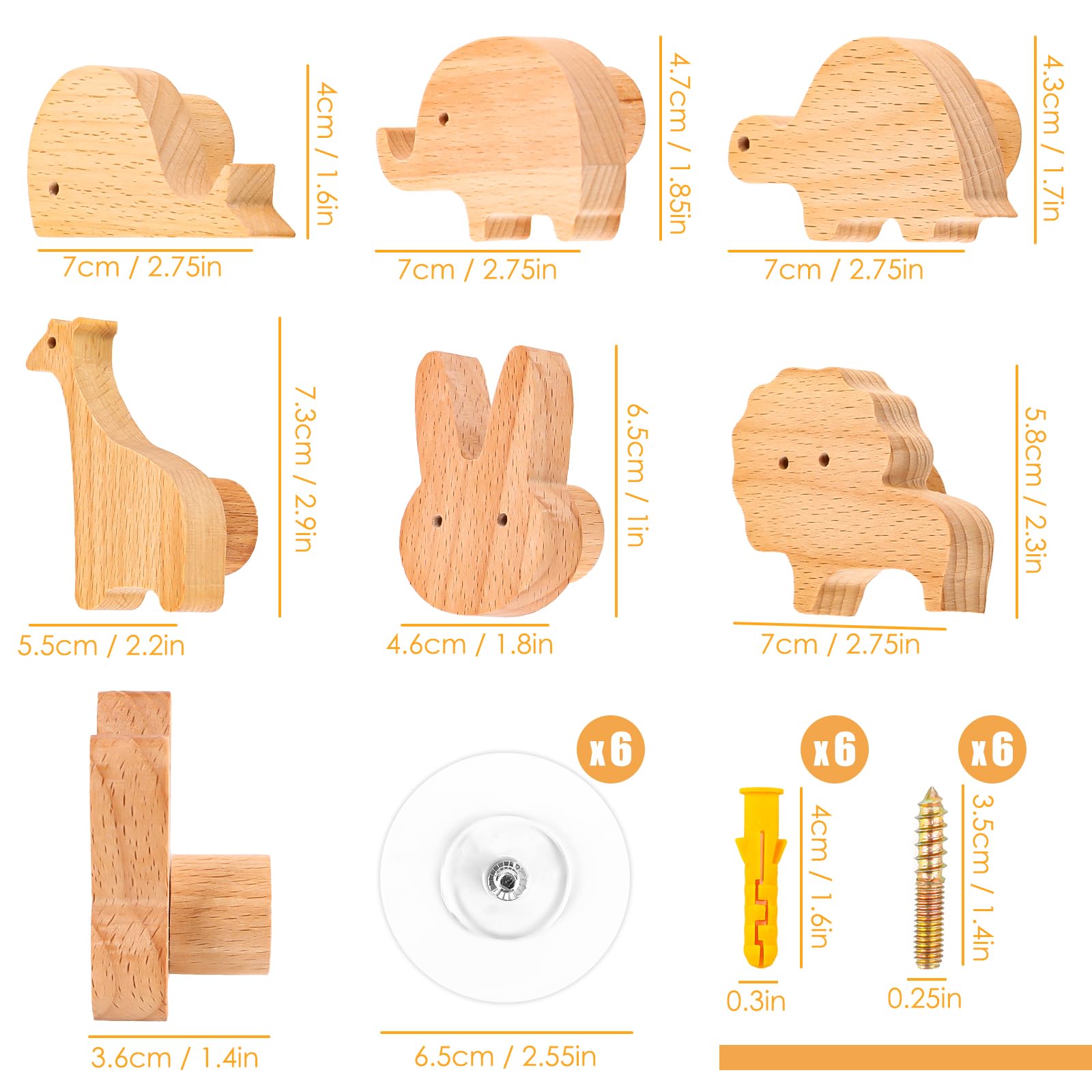 MplehDa Pomelli in Legno per Armadi e Mobili - 6 Pezzi Con Motivi Animali, 2 in 1 Autoadesivi Con Viti - Maniglie per Cameretta dei Bambini