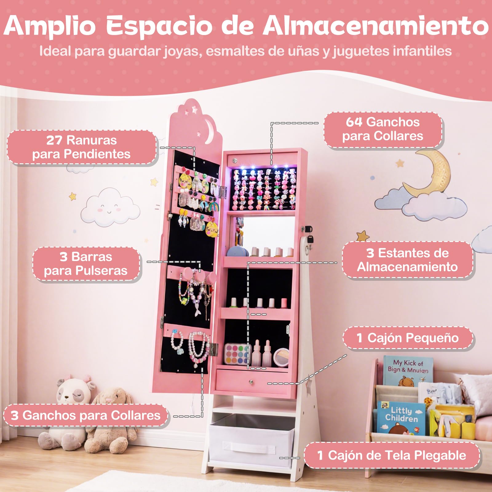 COSTWAY Armario para Joyas Infantil con Luces, Armario Joyero de Pie para Niñas con Espejo de Cuerpo Entero, 4 Luces con Sensor, Espejo Joyero para Princesas para Dormitorio Sala de Juegos (Rosa)