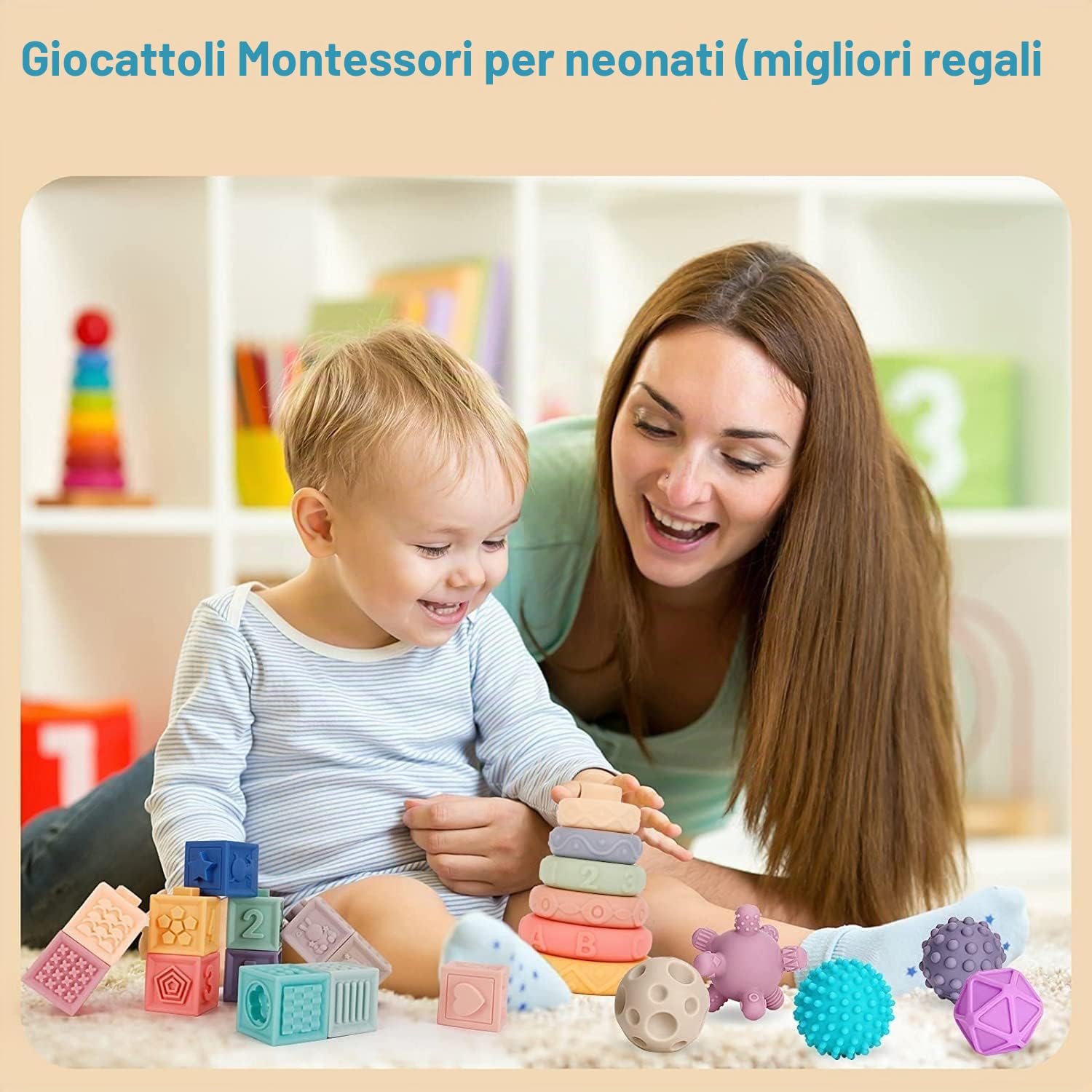 Giochi Neonato 6 Mesi, Giochi Montessori 1 Anno Sensoriale, Teether Giocattoli sensoriali Montessori educativi morbidi da impilare, Regali per Bambini da 6 9 12 Mesi