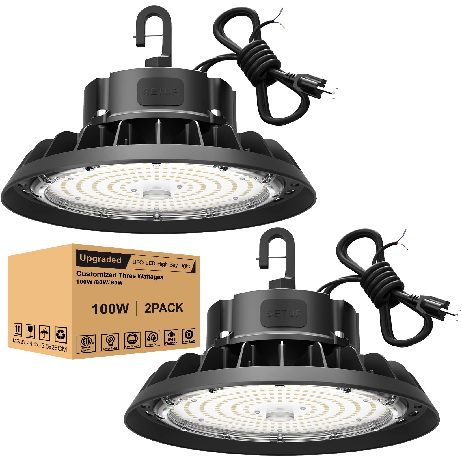 LED High Bay Shop Light 100W 15000LM Super Bright High Bay Lights 5000K, 0-10V Dimmable,US Plug 5' Cable, 100-277V for Garage Barn Warehouse(2 Pack)