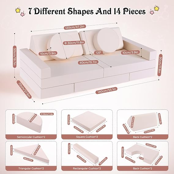 Children's Sofa, Modular Soft Play Couch, Kid's Game Foam Building Blocks, High Stability, Convertible Sofa for Boys and Girls to Develop Intelligence (Beige)