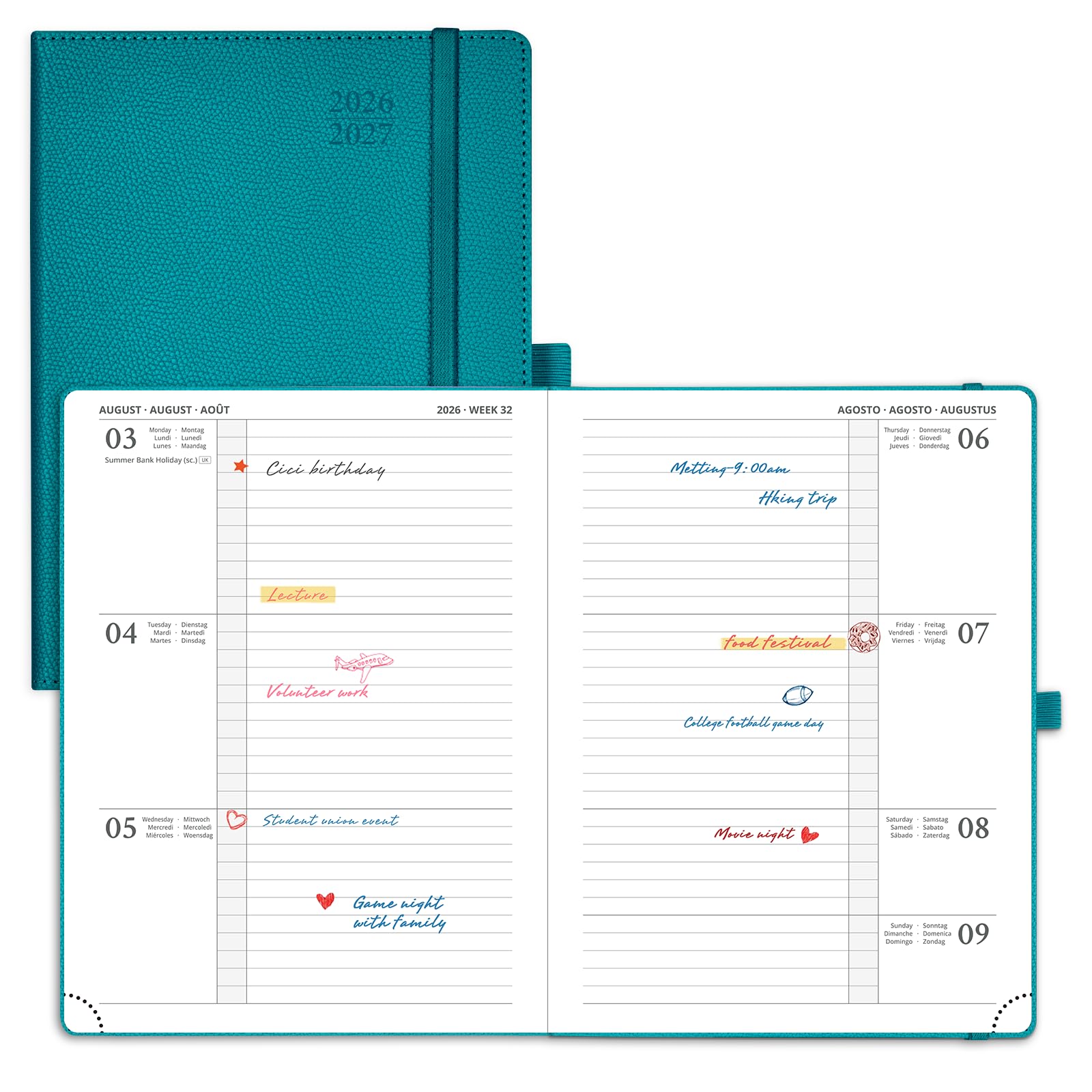 POPRUN A5 Academic Diary 2026-2027 Hardback Week to View (22x16.5 cm) 26/27 Horizontal Weekly Planner 17 Months (Aug'26 - Dec'27) Mid Year(Pacific Green)