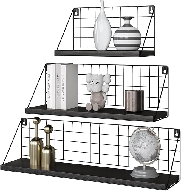 FirFurd Floating Shelves Set of 3 Wall Shelves Wall Mounted Storage Shelves Metal Display Rack Decorative Shelving for Living Room Bedroom Kitchen Office Black