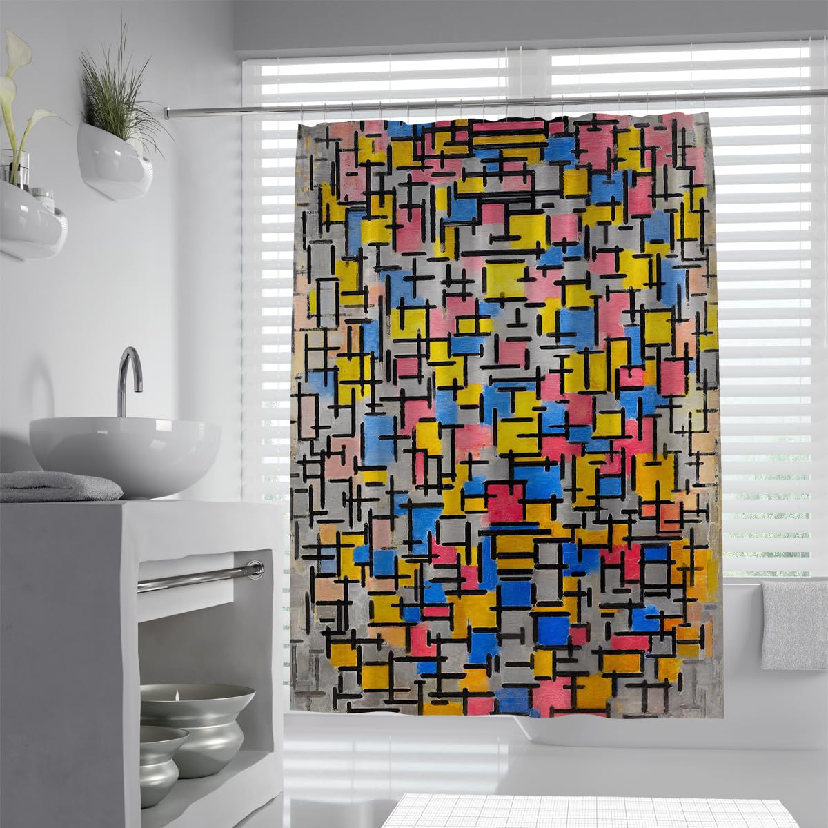 Rideaux de Douche en Grille géométrique en mosaïque Pop Art Abstrait Rideaux de Salle de Bain en Tissu imperméable en Tissu coloré Rose Bleu, Jaune et Crochets 200 x 220 cm