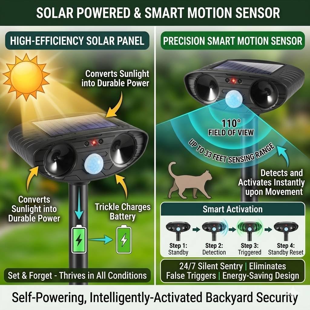 4Pack Solar Cat Repellent Ultrasonic Outdoor,2026 Ultrasonic Animal Repellent for Yard&Garden,IP65 Waterproof Motion Activated Deterrent,Animal Device to Keep Stray Cats,Deers,Raccoons Away from Lawn