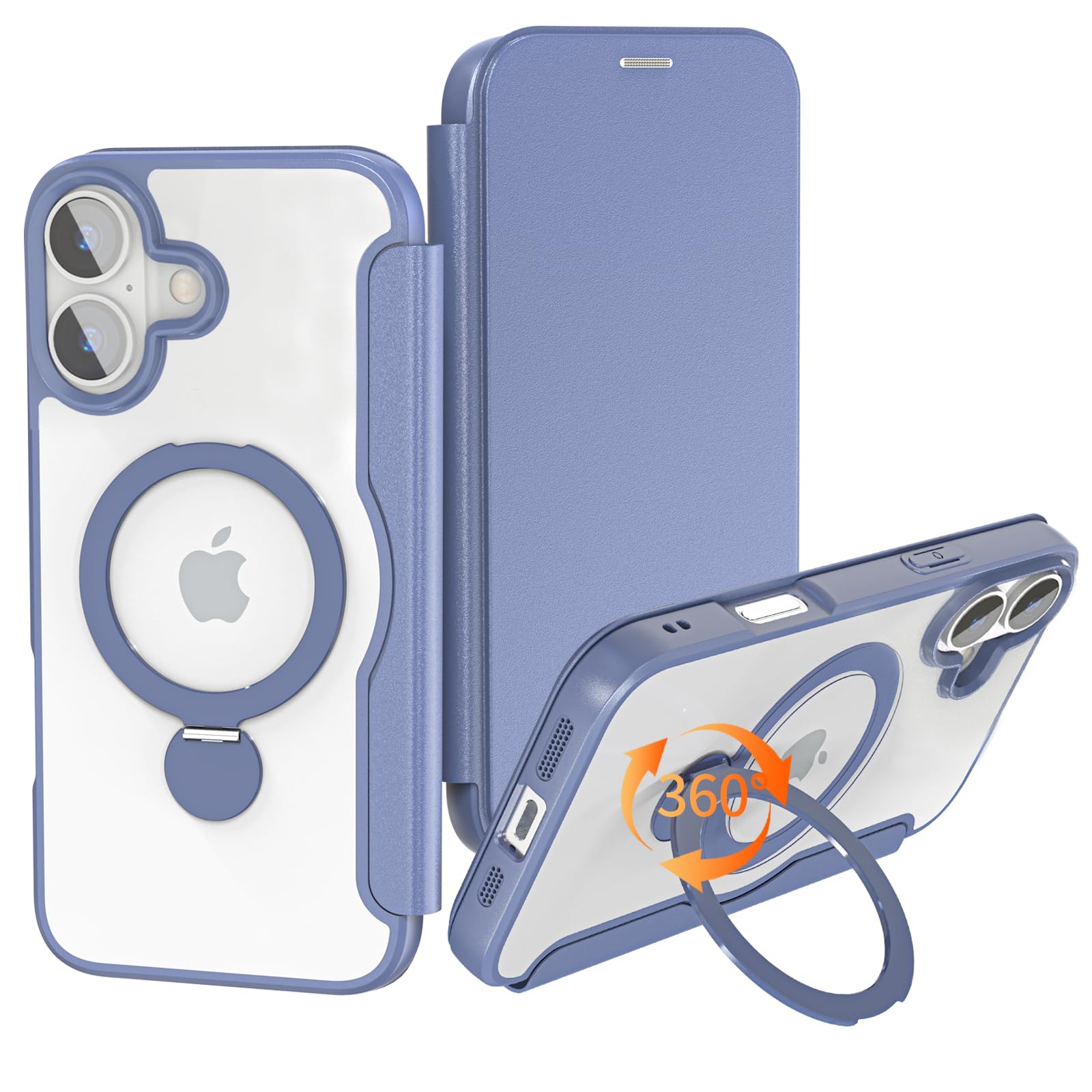 【実用性が高い手帳型】 iPhone 16 用 ケース 手帳型 2枚カード収納 背面クリア 360度回転するMagSafeリングが超便利 軽い 薄型 耐衝撃 全面保護 縦横両対応 レザー素材 マグセーフ対応 おしゃれ 青