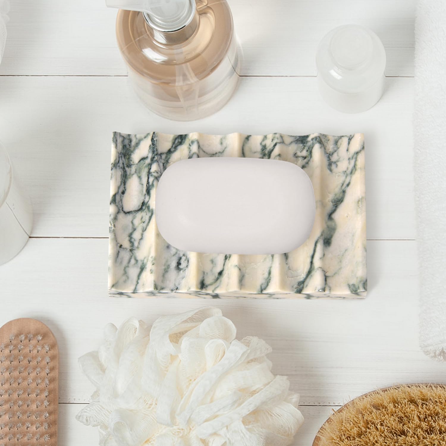Marble Soap Dish Tray, Self Draining Stone Soap Holder, Green Texture | Rectangle Stone Marble, Self Draining Soap Holder, Ridged Drainage Design, For Bathroom, Kitchen