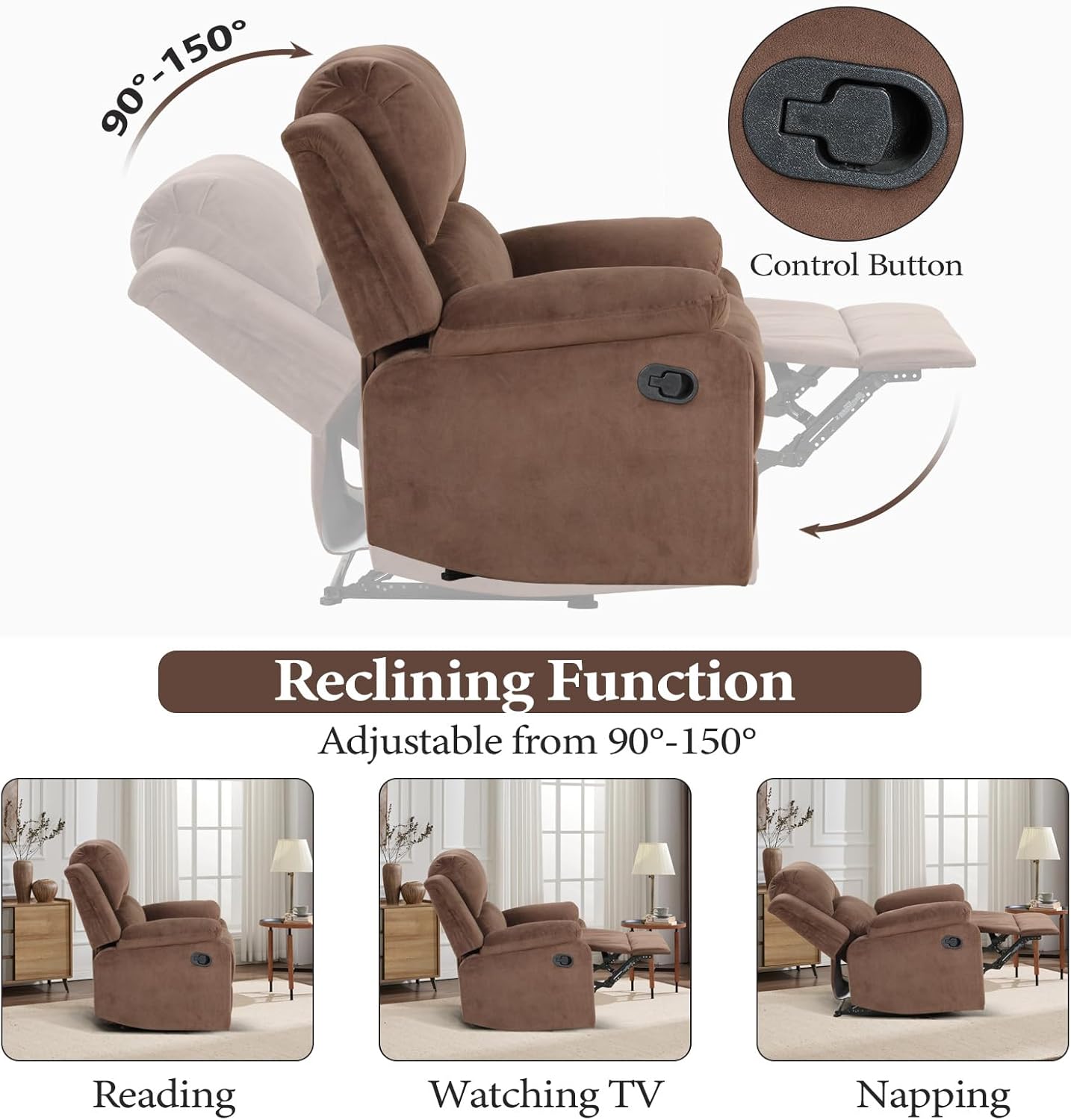 EBELLO Classic Manual Recliner Chair, Soft Microfiber Recliner Sofa with Overstuffed Arms and Back Single Reclining Couch for Living Room, Bedroom, Brown