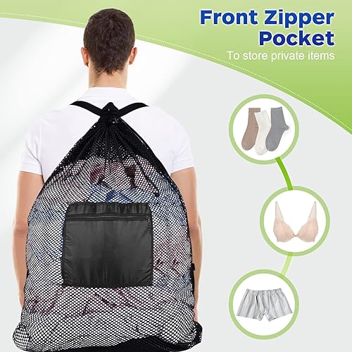 Miniatura 7 de OTraki Mochila de malla para lavandería de 28 x 36 pulgadas, bolsa de malla con cordón y correas para el hombro y bolsillos con cremallera, bolsas