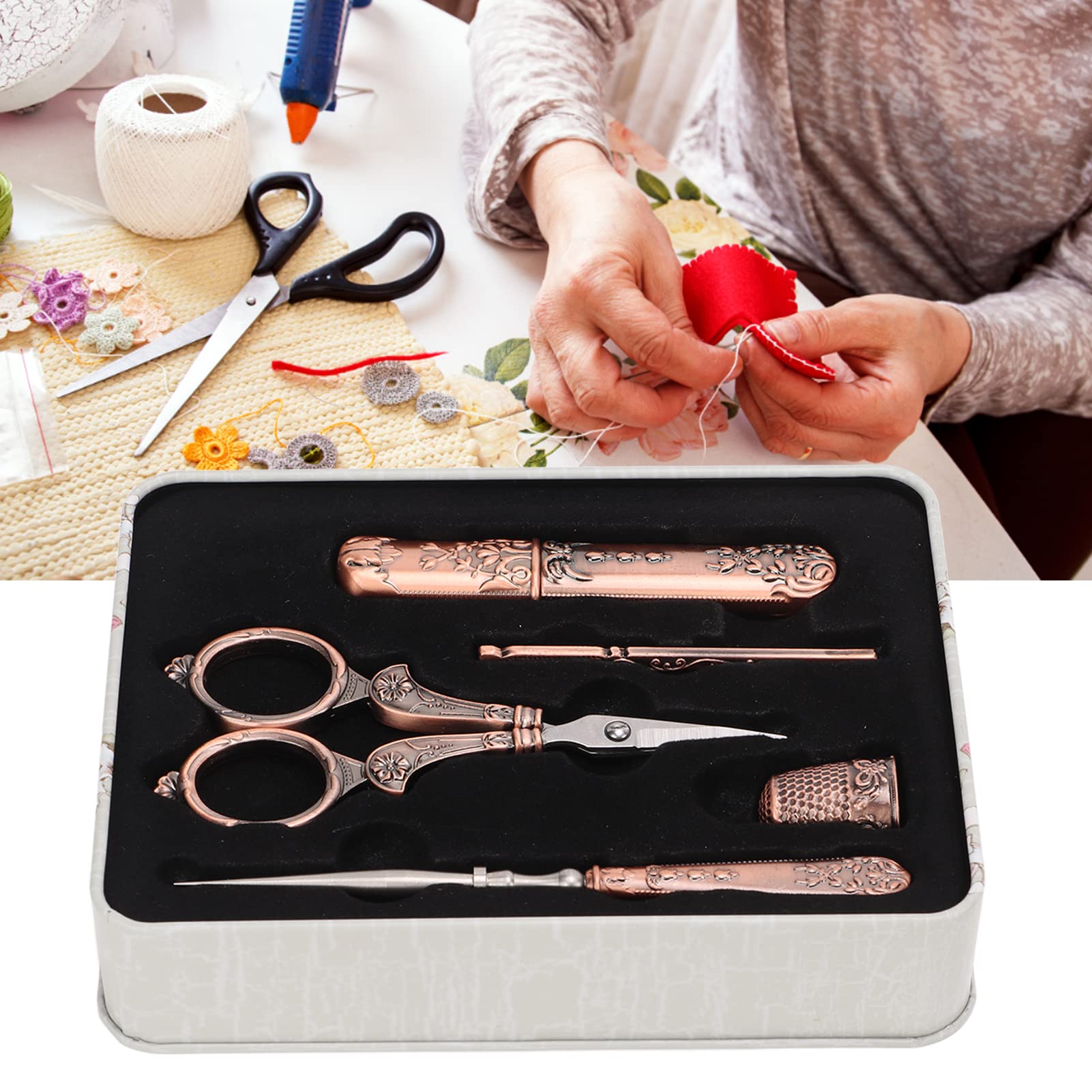 BUTUZE Borduurschaar Kit, Europese Antieke Vintage Naaiset, Compleet Vintage Naaigereedschap met Borduurschaar, Originele Case, Naaien Naald Case, Priem naaien, Ambacht, Handwerk, B2U-007CA