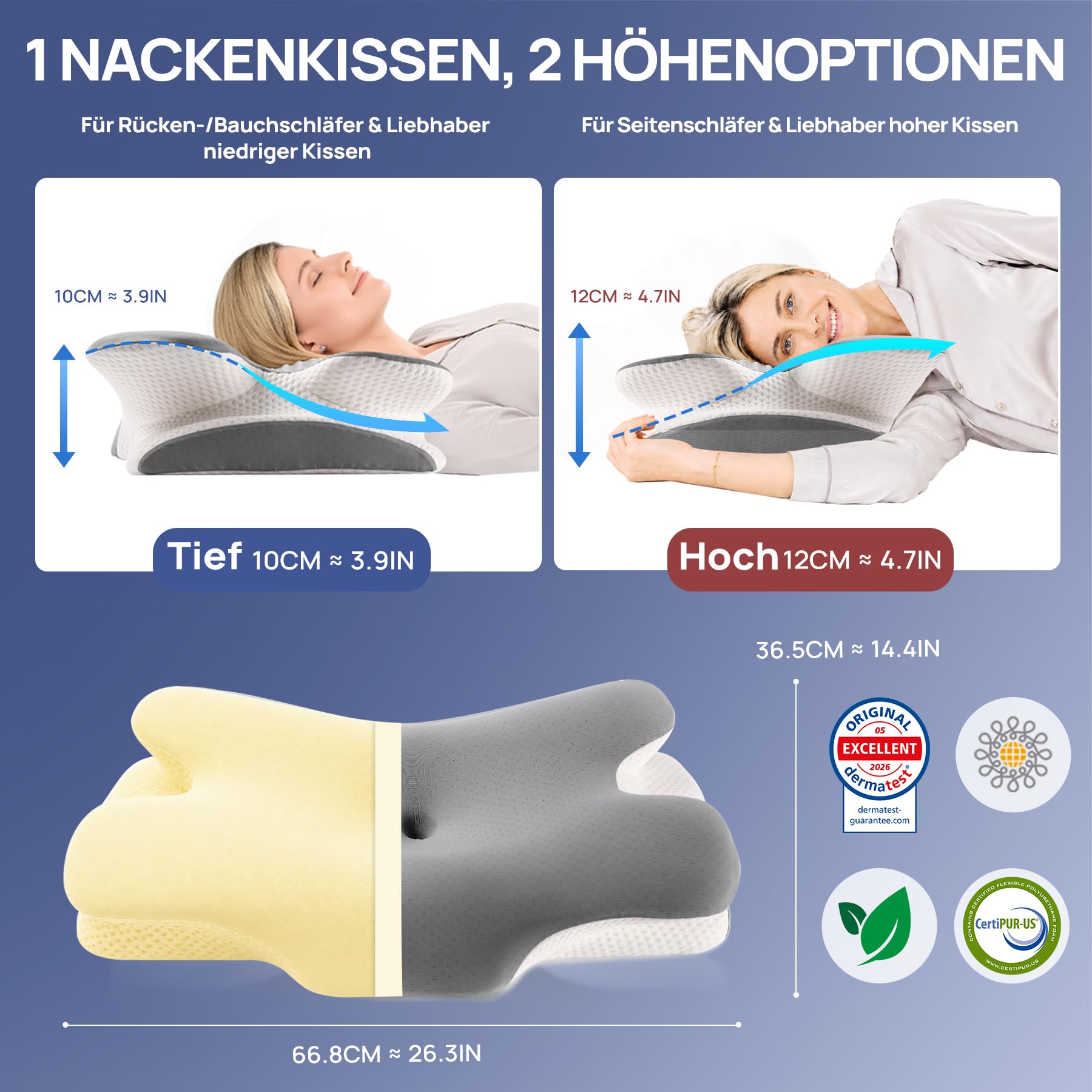 MULISOFT Nackenkissen Memory Foam Ergonomisches Kopfkissen Seitenschläferkissen Nackenstützkissen Schmetterlingskissen Zwei Höhen Grau