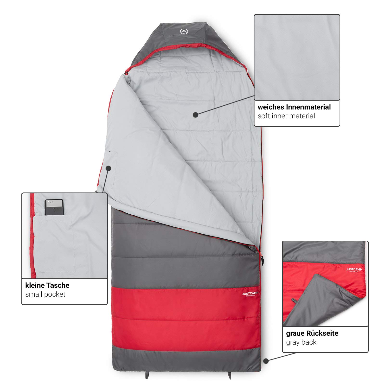 justcamp melvin schlafsack XXL Schlafsack, extra groß & breit (235 x 100 cm) für Erwachsene, 3-Jahreszeiten Sommerschlafsack grau zelt 8 personen aufblasbar Vorräte & Gewürze Color:White/Graphite