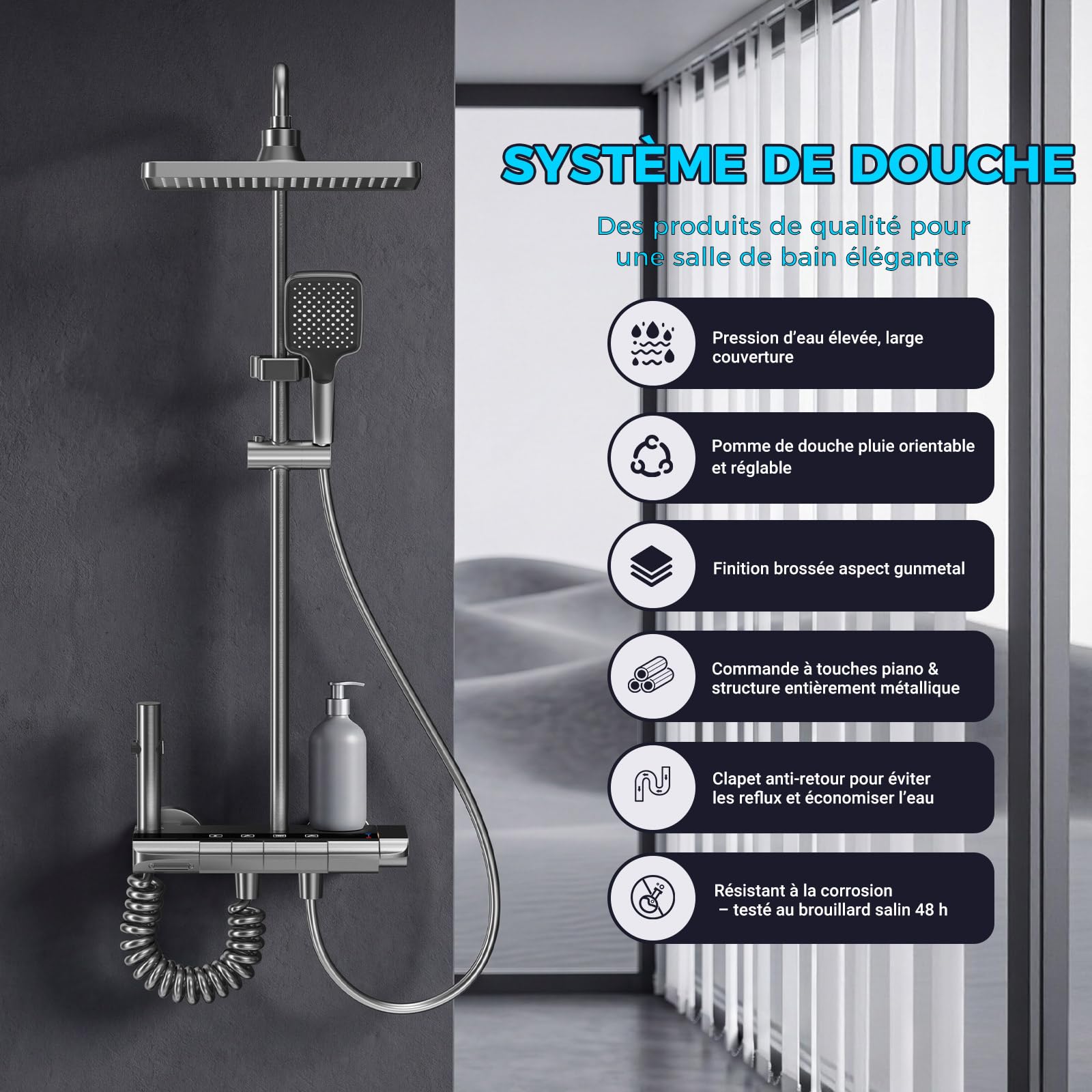 Kit de Robinet de Douche Complet avec Colonne de Douche et Piano | Garniture de Douche Thermostatique Pour Salle de Bain avec Colonne Réglable 85-145cm, 4 Modes de Débit d’Eau, Gris Brossé