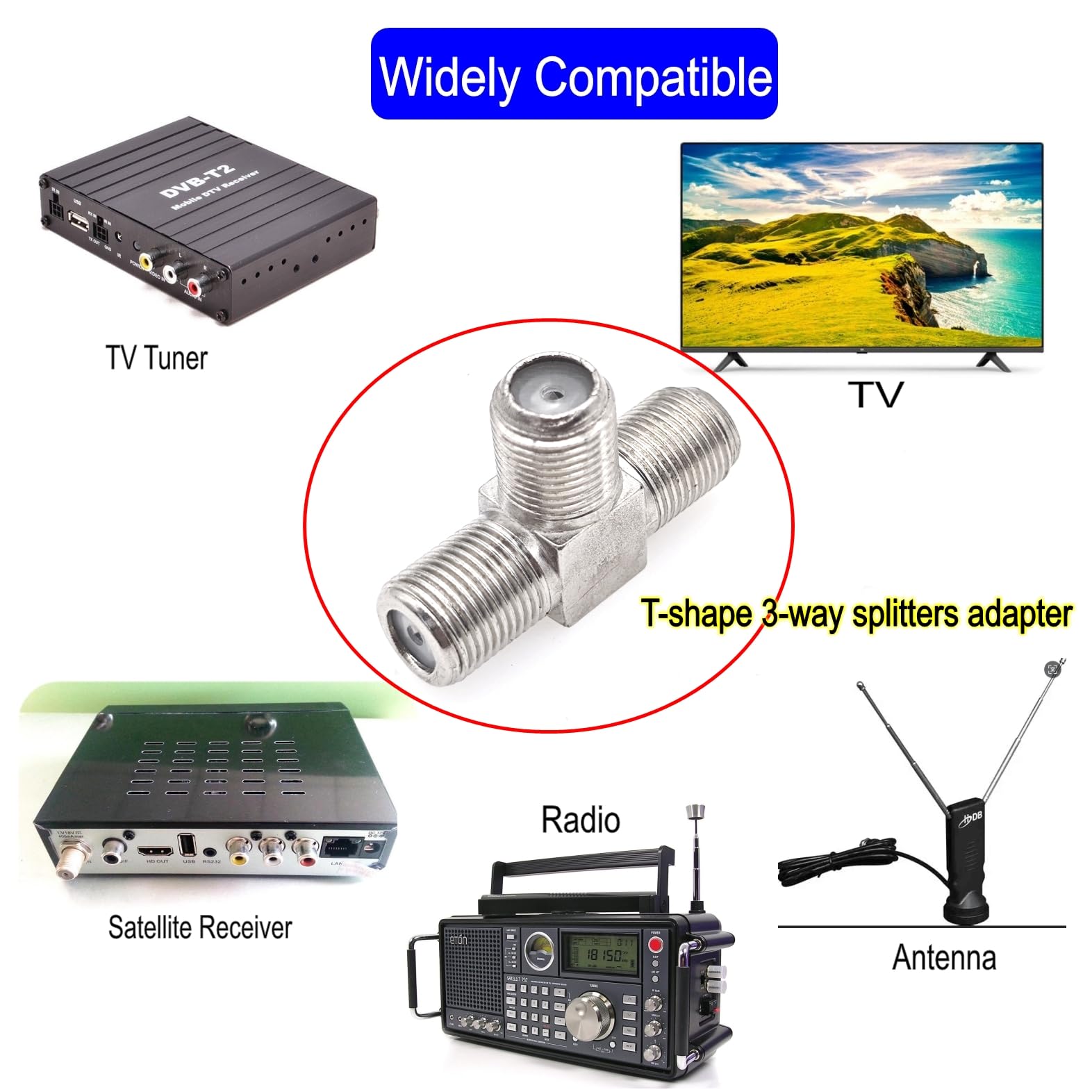 JZK 2x connecteurs répartiteurs en T type F à 3 voies adaptateur répartiteur coaxial TV satellite F femelle vers double femelle, combinateur d'antenne TV 75 ohms pour câble, modem, récepteur satellite