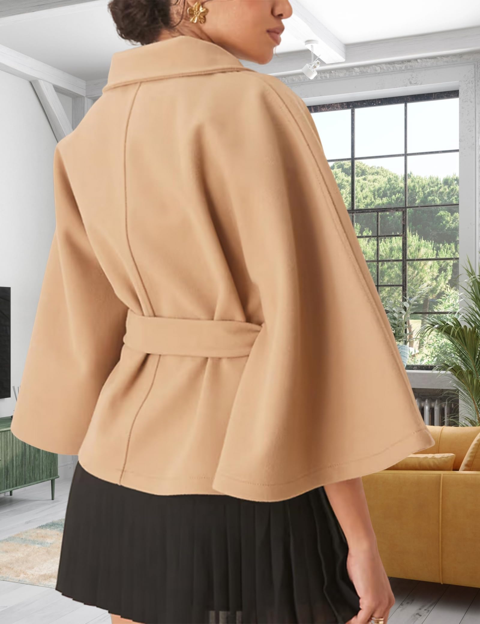 Generisch Damen-Poncho mit Fledermausärmeln, übergroßer, trendiger, lässiger Umhang mit Gürtel, Oberbekleidung mit Schalkragen für Herbst und Winter