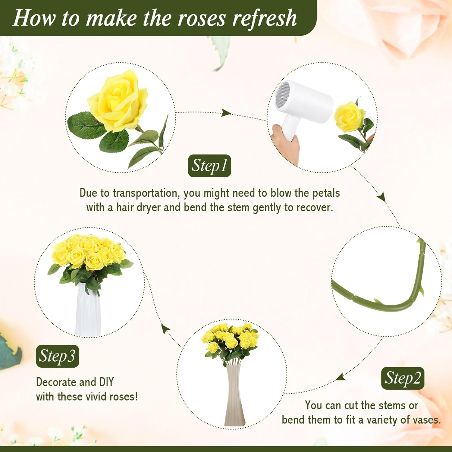 Hotop 40 Pcs Rose Artificial Flowers Bulk with Long Stem,Realistic Silk Fake Roses Bouquet for Home Wedding Centerpieces Party Table Decoration Valentines Gifts(Yellow) - Image 3