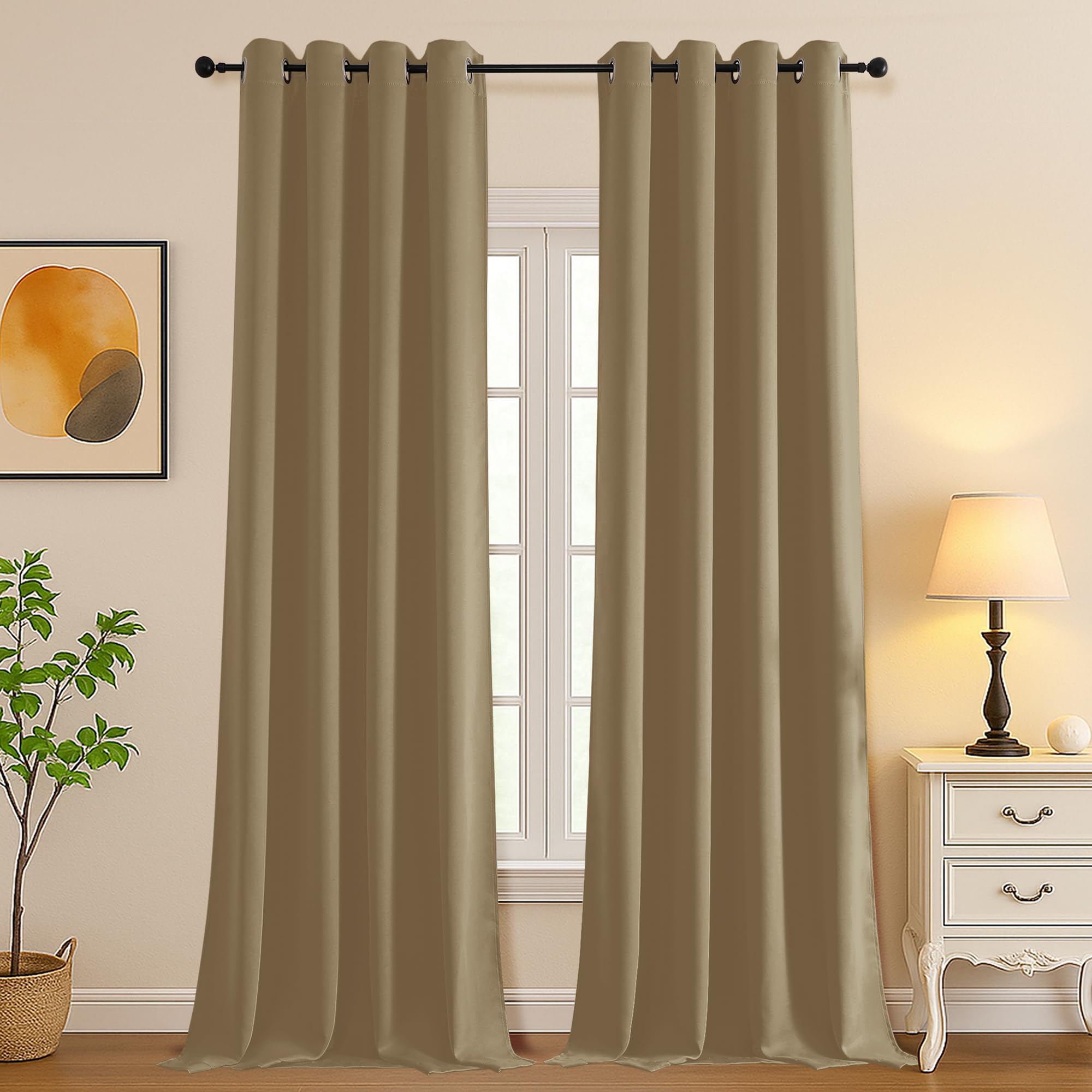 Simplebrand Taupe Room Darkening Curtains for Bedroom Living Room 108 Inches Long 2 Panels Set, Thermal Insulated Curtains &amp; Drapes, Solid Grommet Noise Reducing Window Treatment, W50 x L108 Inch